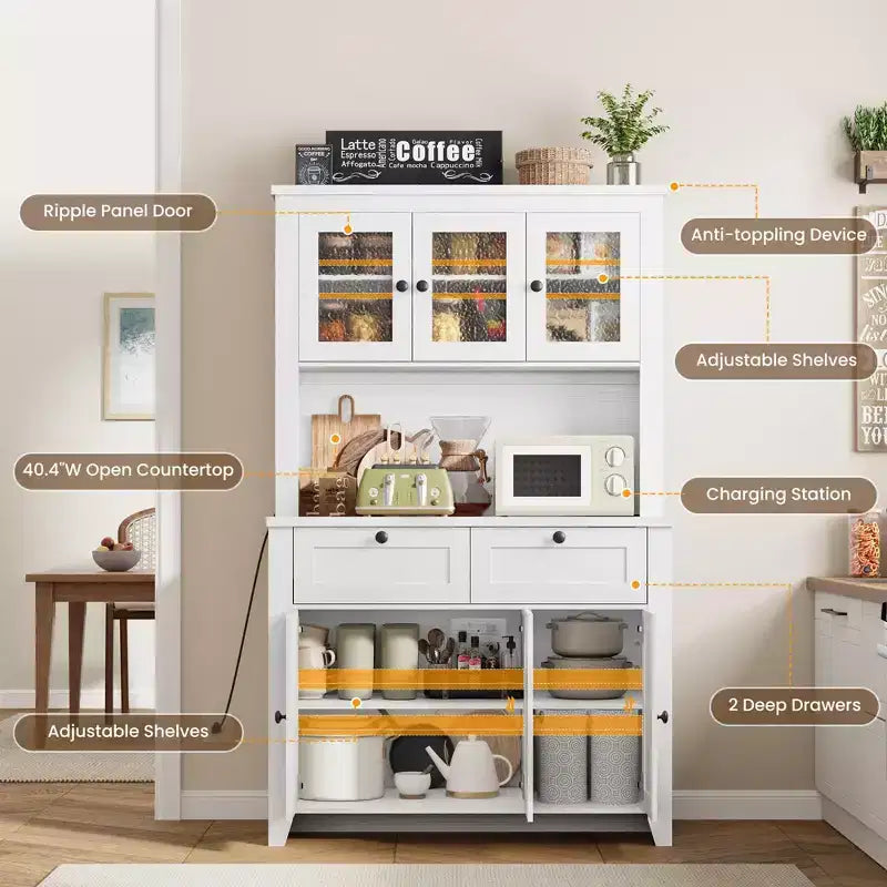 Dispensa alta con stazione di ricarica, mobile contenitore moderno per cucina con piano di lavoro, cassetti e ripiani regolabili