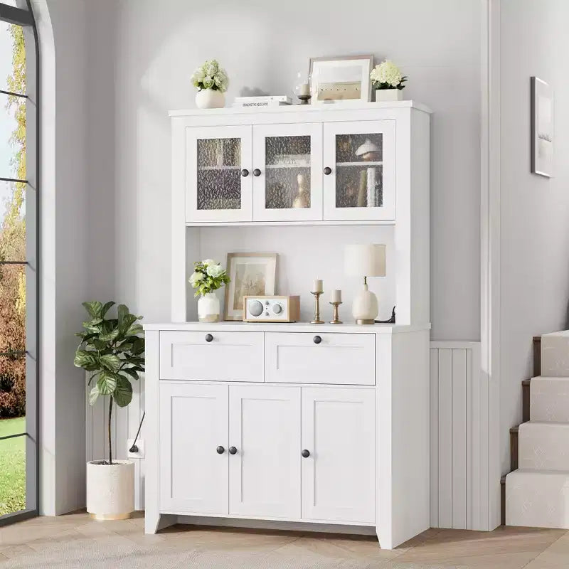 Dispensa alta con stazione di ricarica, mobile contenitore moderno per cucina con piano di lavoro, cassetti e ripiani regolabili