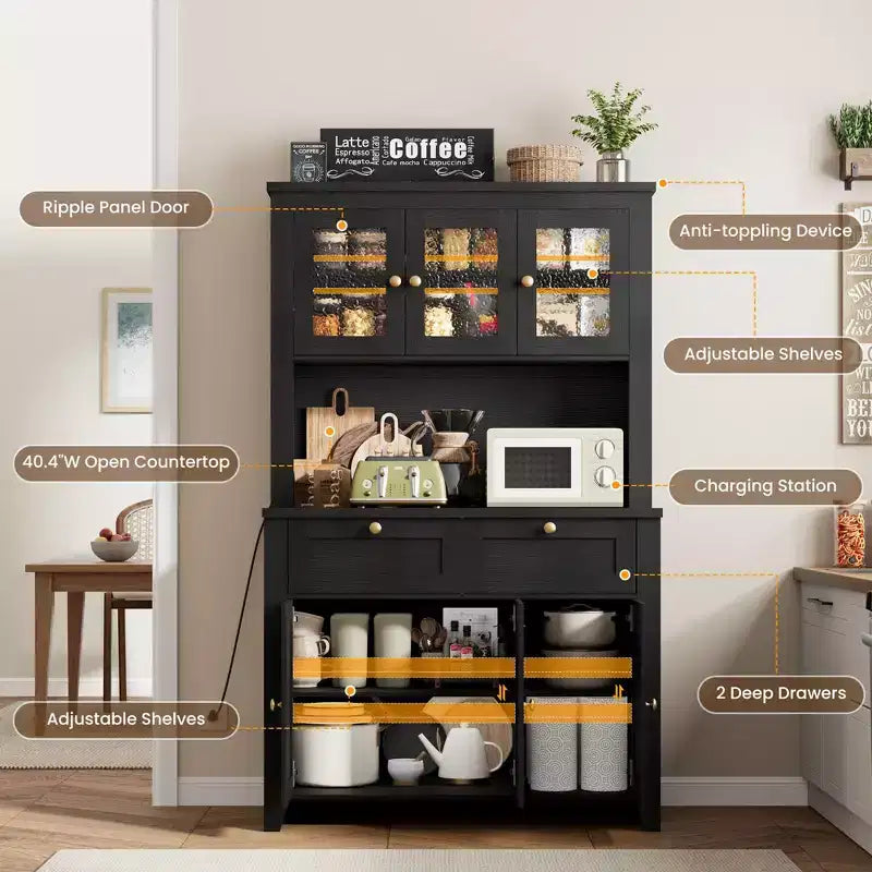 Dispensa alta con stazione di ricarica, mobile contenitore moderno per cucina con piano di lavoro, cassetti e ripiani regolabili