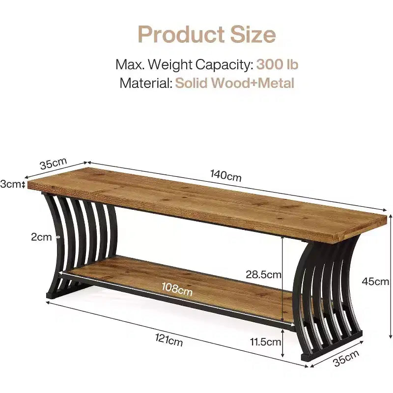 Panca da Ingresso Industriale con Mensola, Panca Portascarpe in Legno da Fondo Letto, Panca Contenitore Lunga 140 cm per Camera da Letto, Corridoio, Atrio, Ingresso, Marrone e Nera