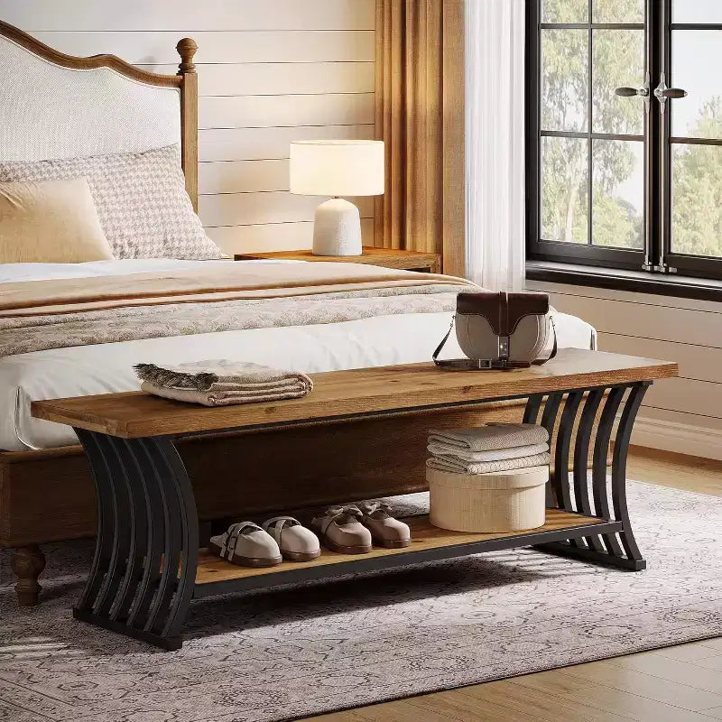 Panca da Ingresso Industriale con Mensola, Panca Portascarpe in Legno da Fondo Letto, Panca Contenitore Lunga 140 cm per Camera da Letto, Corridoio, Atrio, Ingresso, Marrone e Nera