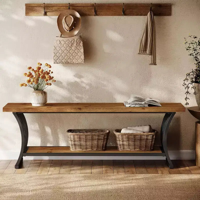 Panca da Ingresso Industriale con Mensola, Panca Portascarpe in Legno da Fondo Letto, Panca Contenitore Lunga 140 cm per Camera da Letto, Corridoio, Atrio, Ingresso, Marrone e Nera