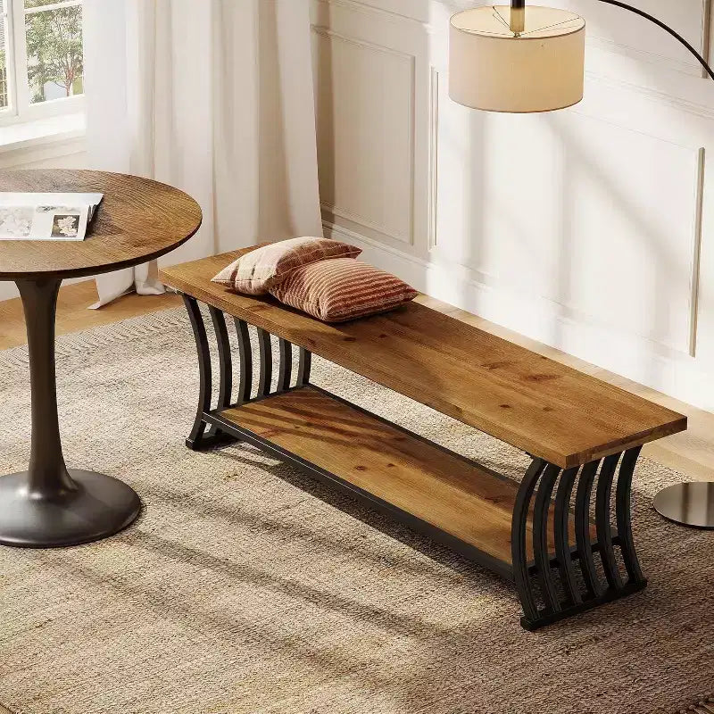 Panca da Ingresso Industriale con Mensola, Panca Portascarpe in Legno da Fondo Letto, Panca Contenitore Lunga 140 cm per Camera da Letto, Corridoio, Atrio, Ingresso, Marrone e Nera
