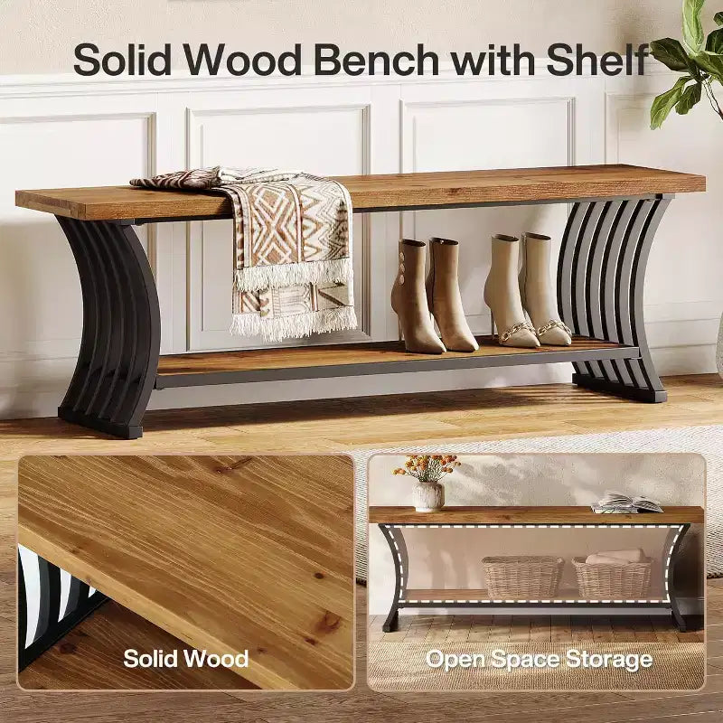 Panca da Ingresso Industriale con Mensola, Panca Portascarpe in Legno da Fondo Letto, Panca Contenitore Lunga 140 cm per Camera da Letto, Corridoio, Atrio, Ingresso, Marrone e Nera