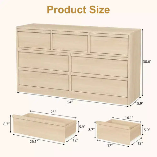 Cassettiera 54" Rovere Naturale a 7 Cassetti per Camera da Letto, Cassettiera in Legno con Grande Spazio Contenitivo, Armadio Organizer per Soggiorno