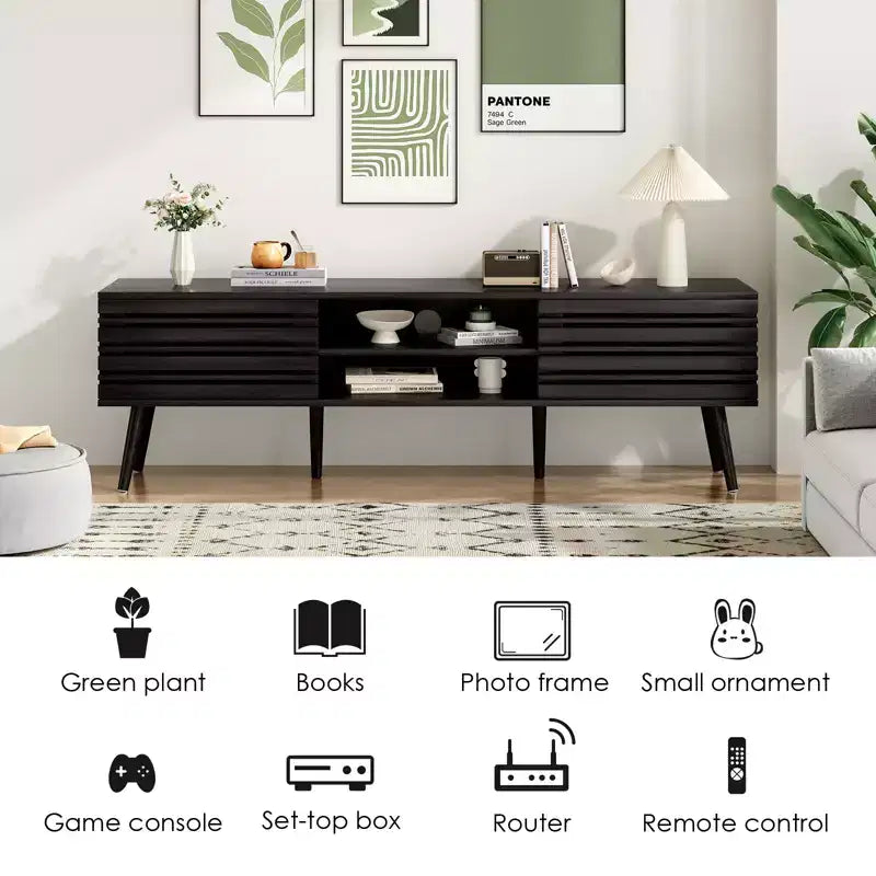 Mobile porta TV moderno di metà secolo per TV fino a 70 pollici con contenitore, Mobile porta TV in legno scanalato per soggiorno, Console multimediale Boho, Noce scuro
