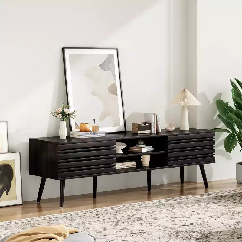 Mobile porta TV moderno di metà secolo per TV fino a 70 pollici con contenitore, Mobile porta TV in legno scanalato per soggiorno, Console multimediale Boho, Noce scuro