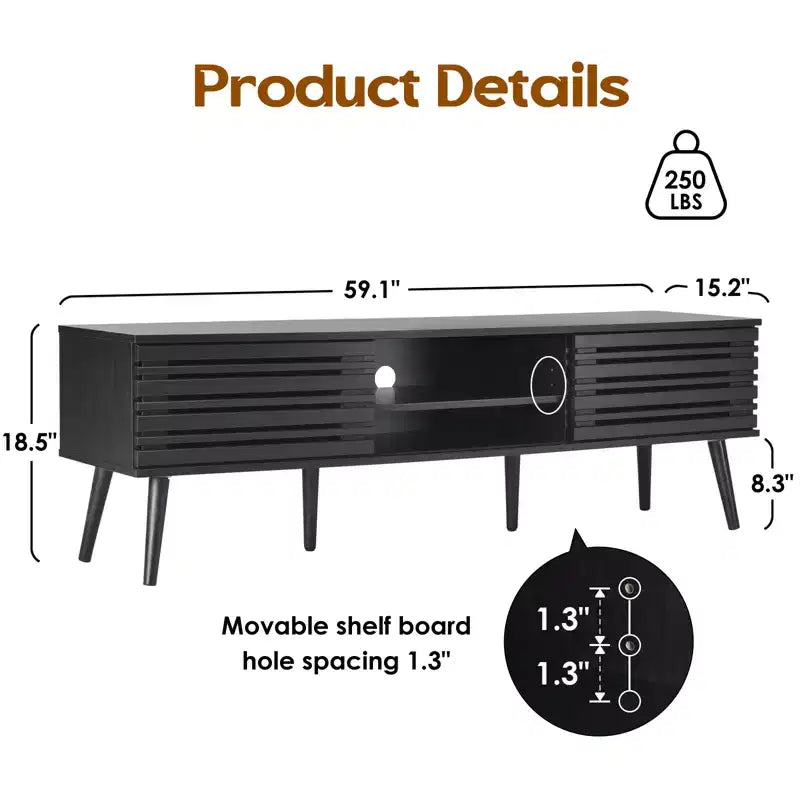 Mobile porta TV moderno di metà secolo per TV fino a 70 pollici con contenitore, Mobile porta TV in legno scanalato per soggiorno, Console multimediale Boho, Noce scuro