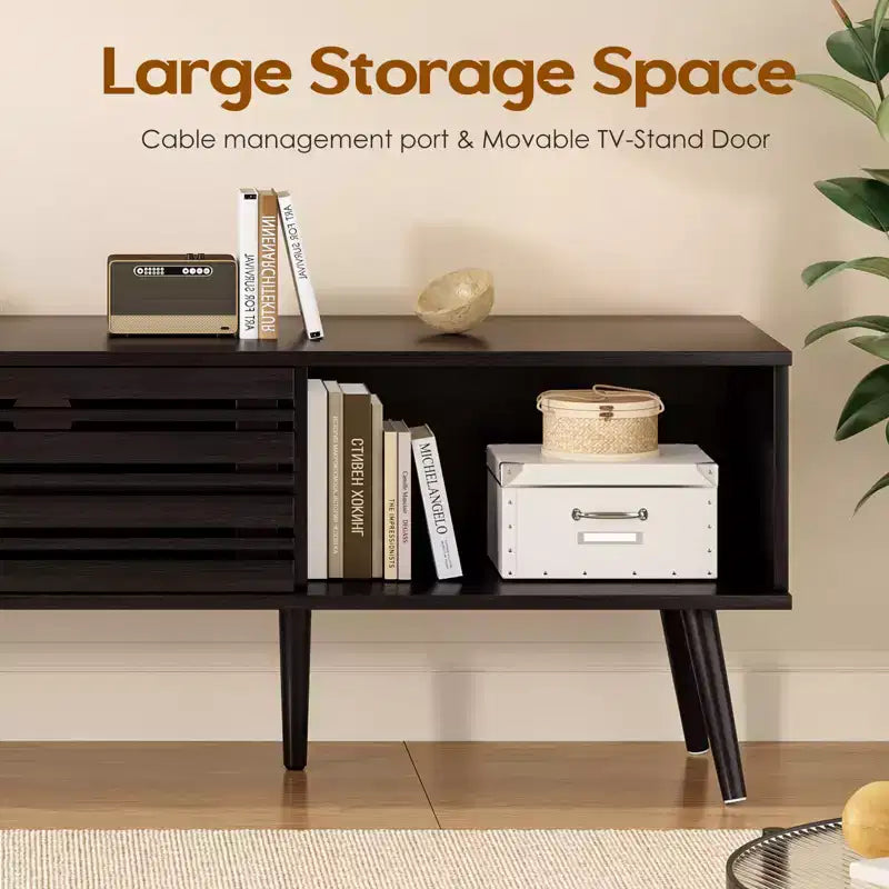 Mobile porta TV moderno di metà secolo per TV fino a 70 pollici con contenitore, Mobile porta TV in legno scanalato per soggiorno, Console multimediale Boho, Noce scuro