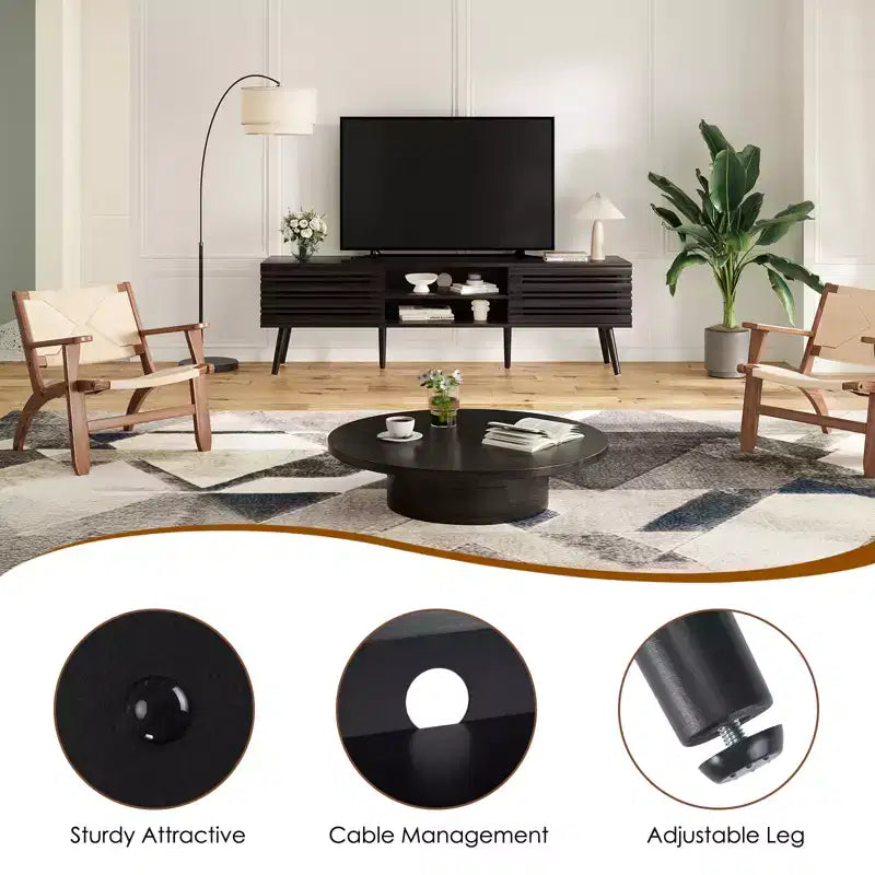 Mobile porta TV moderno di metà secolo per TV fino a 70 pollici con contenitore, Mobile porta TV in legno scanalato per soggiorno, Console multimediale Boho, Noce scuro