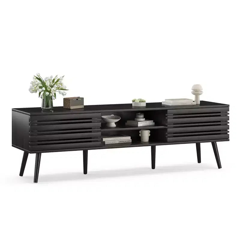 Mobile porta TV moderno di metà secolo per TV fino a 70 pollici con contenitore, Mobile porta TV in legno scanalato per soggiorno, Console multimediale Boho, Noce scuro