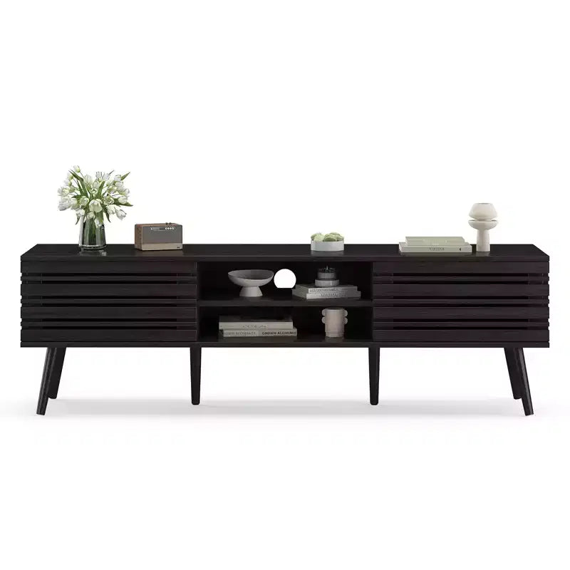 Mobile porta TV moderno di metà secolo per TV fino a 70 pollici con contenitore, Mobile porta TV in legno scanalato per soggiorno, Console multimediale Boho, Noce scuro
