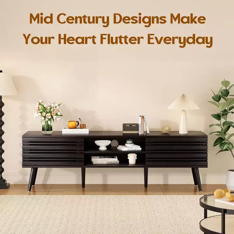 Mobile porta TV moderno di metà secolo per TV fino a 70 pollici con contenitore, Mobile porta TV in legno scanalato per soggiorno, Console multimediale Boho, Noce scuro