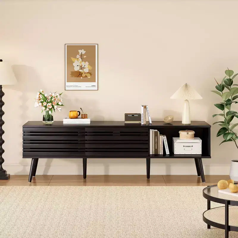 Mobile porta TV moderno di metà secolo per TV fino a 70 pollici con contenitore, Mobile porta TV in legno scanalato per soggiorno, Console multimediale Boho, Noce scuro