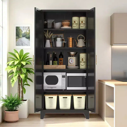JVNOXK 71'' 2 Shapely Doors Cabinet, Metal Storage Cabinet with Doors and Adjustable Shelves, for Bedroom, Living Room, Kitchen,Black