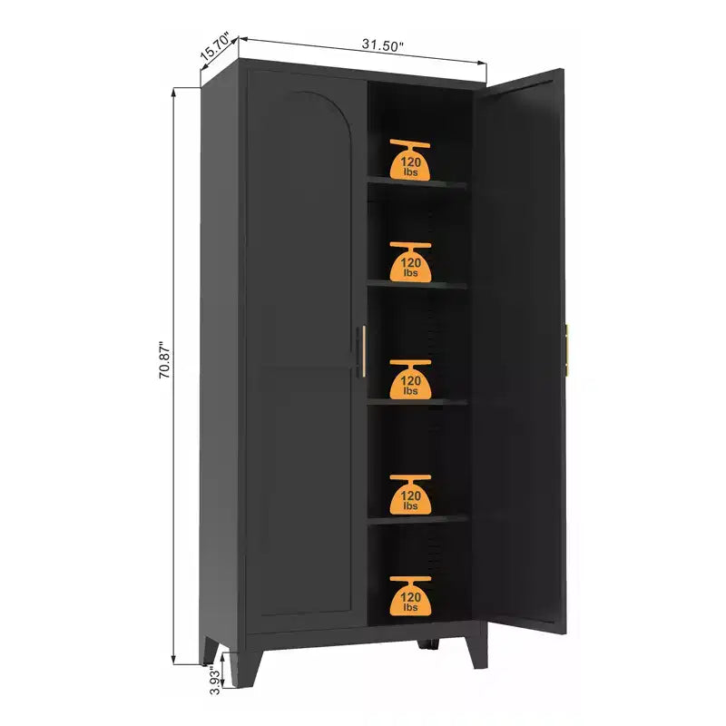 Armadio 71" a 2 ante, armadio in metallo con ante e ripiani regolabili, per camera da letto, soggiorno, cucina, nero