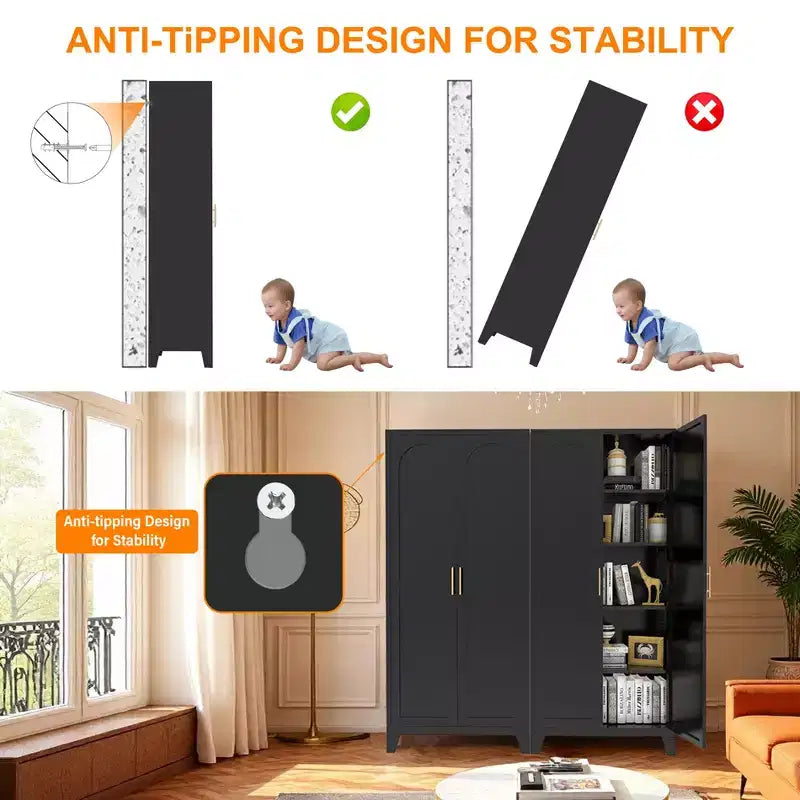 Armadio 71" a 2 ante, armadio in metallo con ante e ripiani regolabili, per camera da letto, soggiorno, cucina, nero