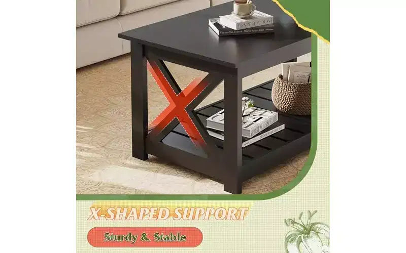 Tavolino da caffè stile rustico per soggiorno, 40.1 Tavolino centrale con supporto a X e ripiano portaoggetti