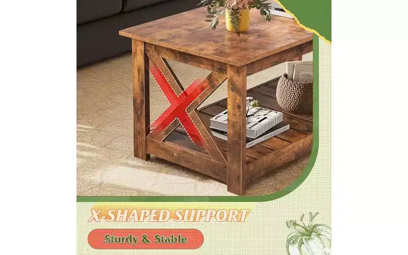 Tavolino da caffè stile rustico per soggiorno, 40.1 Tavolino centrale con supporto a X e ripiano portaoggetti