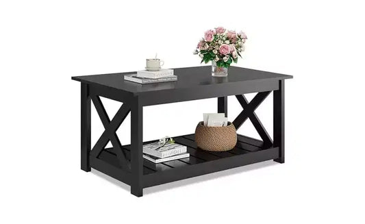 DEXYLLO Farmhouse Coffee Table for Living Room, 40.1 Rustic Center Table with X-Frame Support & Storage Shelf