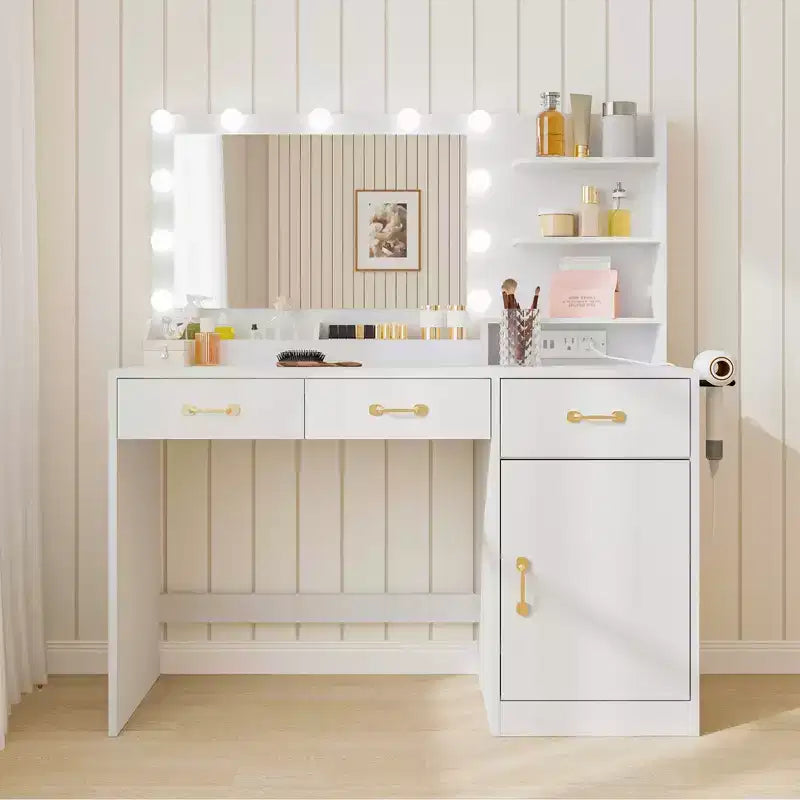 Tavolo da Trucco con Specchio 3 Cassetti, 2 Scomparti, Mobiletto, Ripiani Aperti in Legno per Camera da Letto o Spogliatoio Bianco