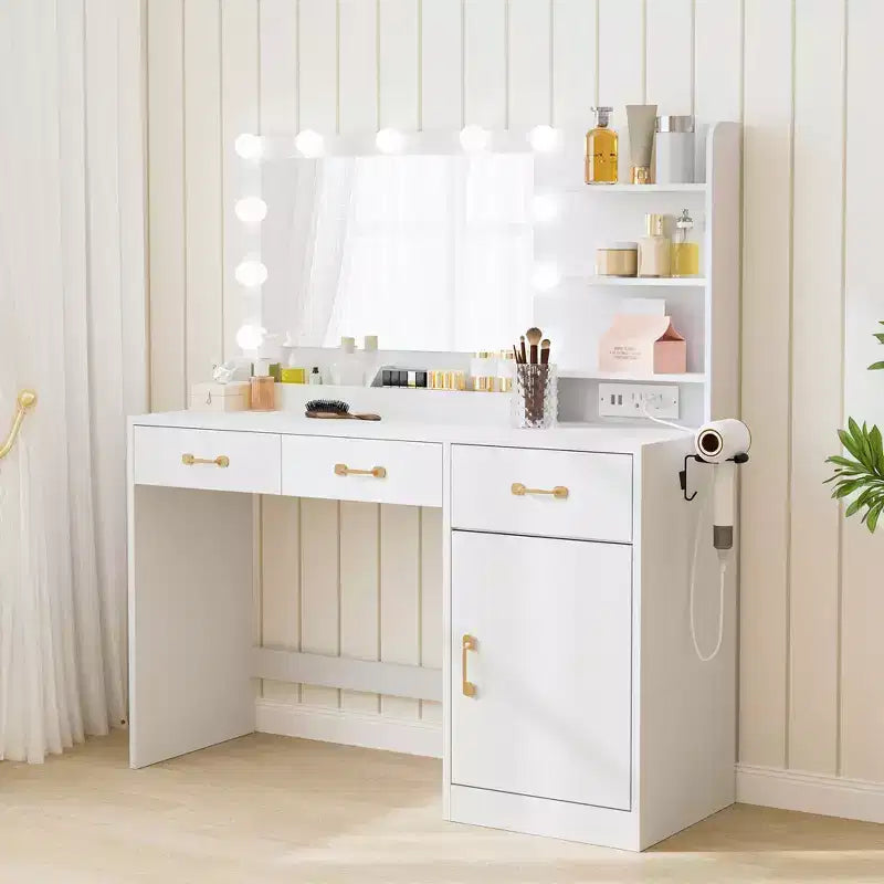 Tavolo da Trucco con Specchio 3 Cassetti, 2 Scomparti, Mobiletto, Ripiani Aperti in Legno per Camera da Letto o Spogliatoio Bianco