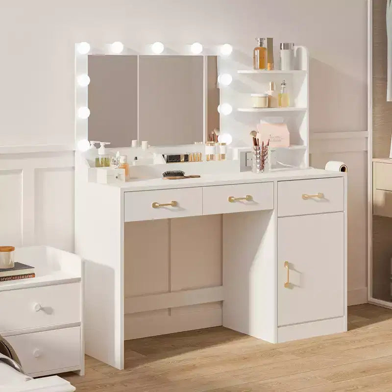 Tavolo da Trucco con Specchio 3 Cassetti, 2 Scomparti, Mobiletto, Ripiani Aperti in Legno per Camera da Letto o Spogliatoio Bianco