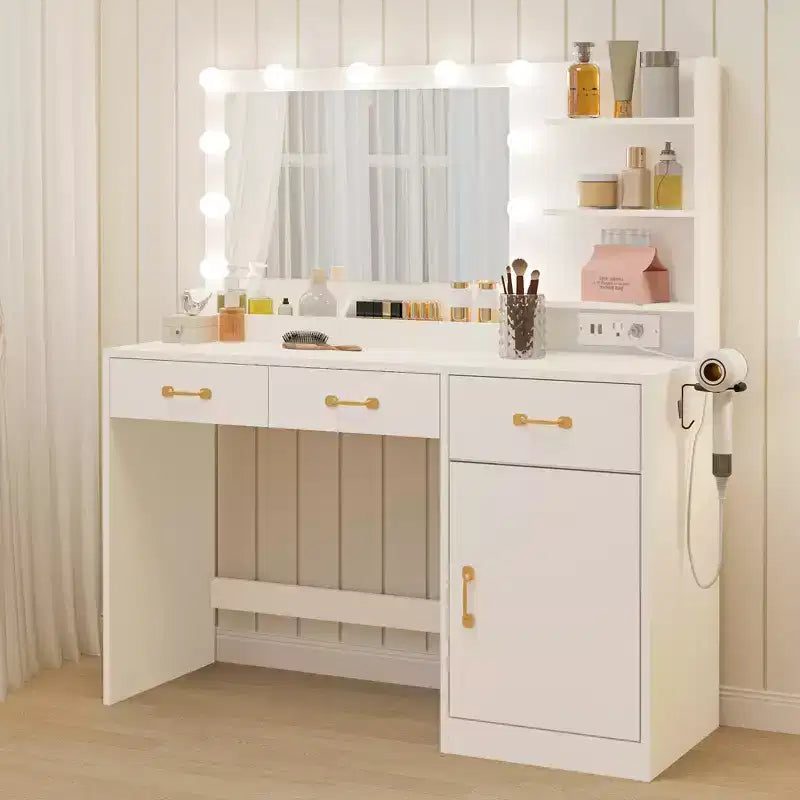 Tavolo da Trucco con Specchio 3 Cassetti, 2 Scomparti, Mobiletto, Ripiani Aperti in Legno per Camera da Letto o Spogliatoio Bianco