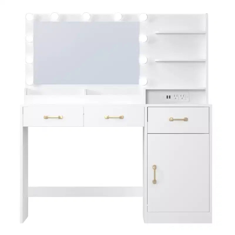 Tavolo da Trucco con Specchio 3 Cassetti, 2 Scomparti, Mobiletto, Ripiani Aperti in Legno per Camera da Letto o Spogliatoio Bianco
