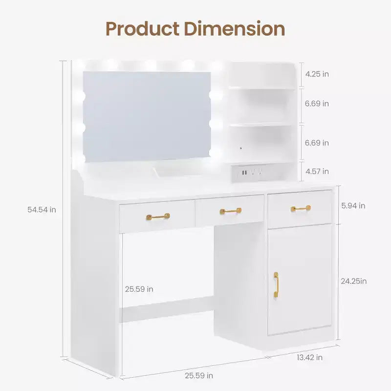 Tavolo da Trucco con Specchio 3 Cassetti, 2 Scomparti, Mobiletto, Ripiani Aperti in Legno per Camera da Letto o Spogliatoio Bianco