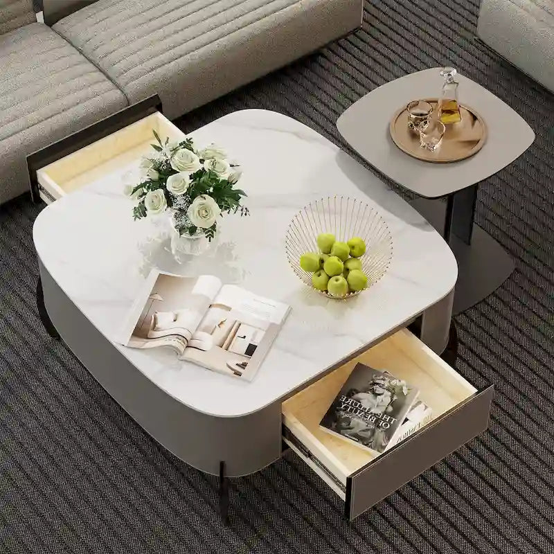 Tavolino da caffè quadrato moderno con 2 cassetti, tavolino laterale bianco Mecha Styling da 80 cm (tavoli grandi/piccoli venduti separatamente)