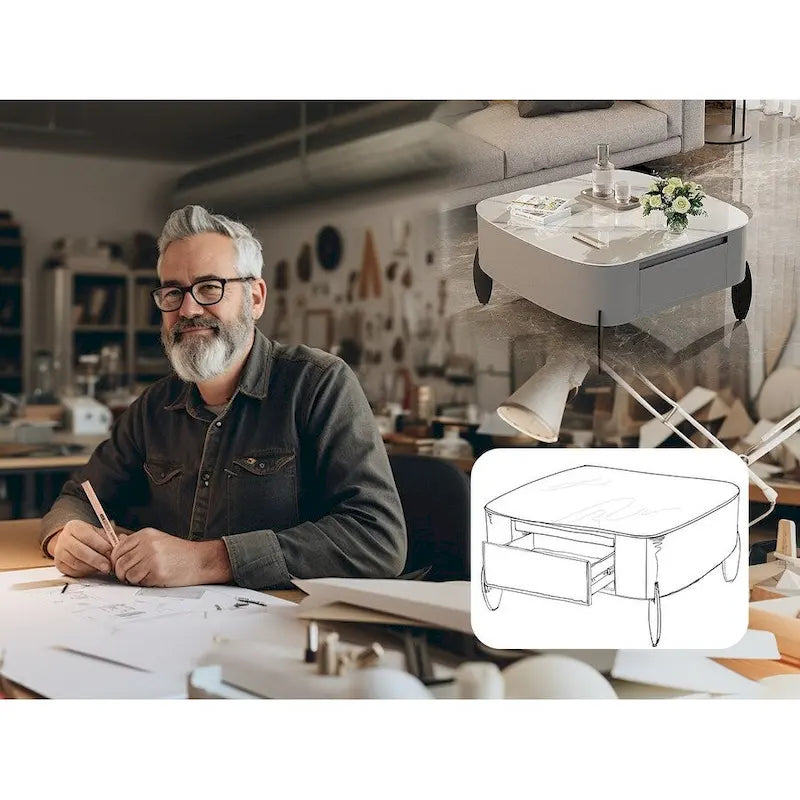 Tavolino da caffè quadrato moderno con 2 cassetti, tavolino laterale bianco Mecha Styling da 80 cm (tavoli grandi/piccoli venduti separatamente)