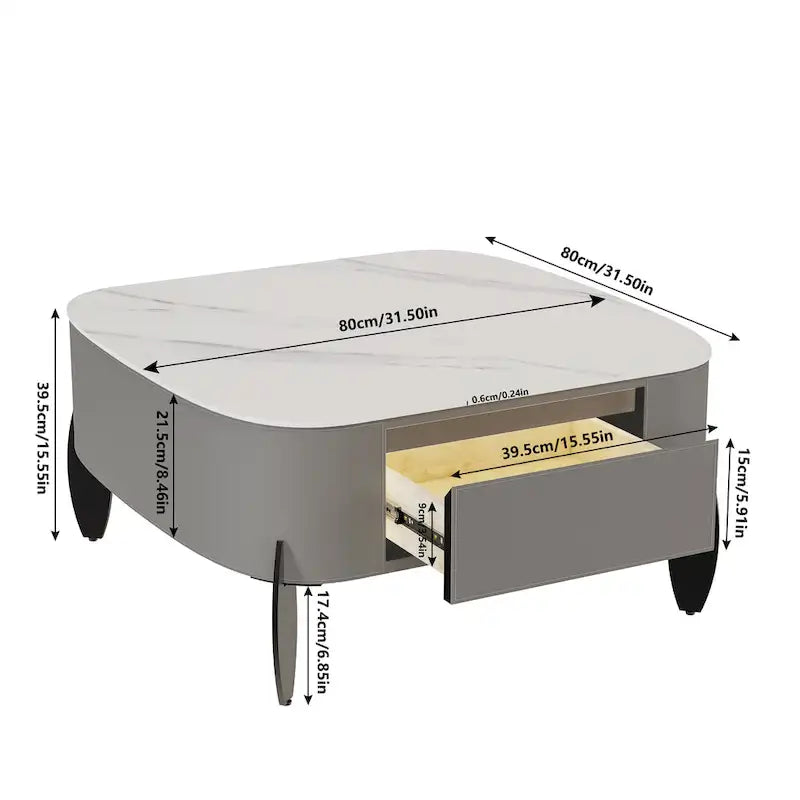 Tavolino da caffè quadrato moderno con 2 cassetti, tavolino laterale bianco Mecha Styling da 80 cm (tavoli grandi/piccoli venduti separatamente)