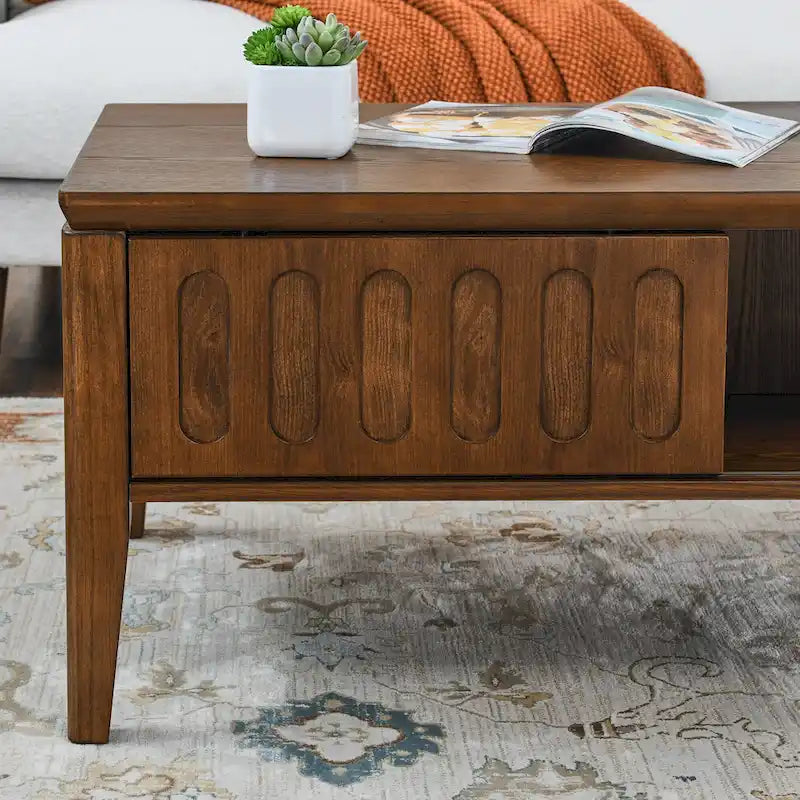 Tavolino da caffè scanalato Mid-Century Modern con anta scorrevole per riporre oggetti e gambe in legno massello, tavolino centrale in legno stile Vintage Farmhouse