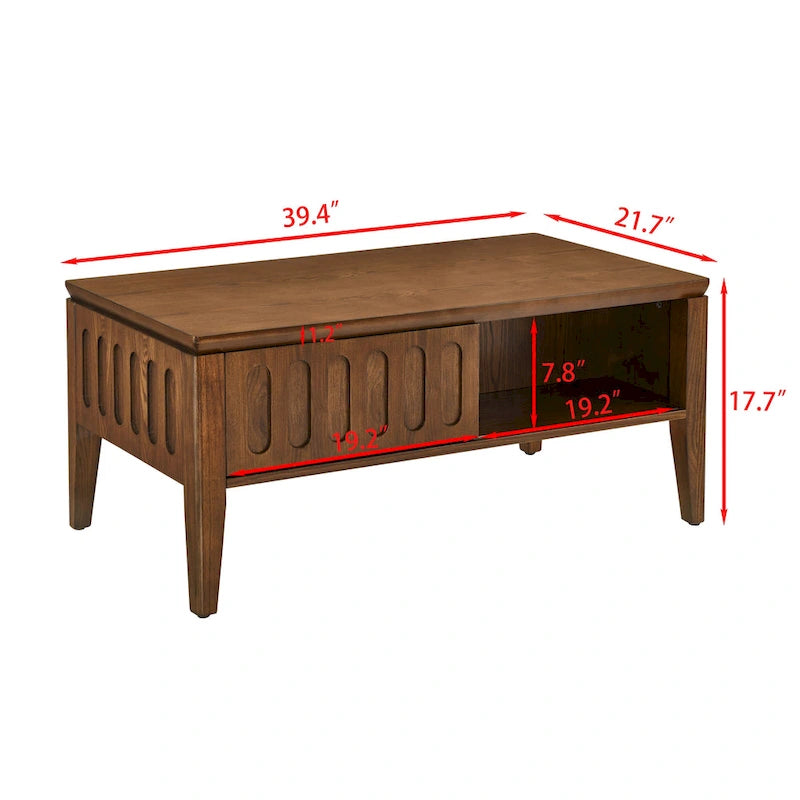Tavolino da caffè scanalato Mid-Century Modern con anta scorrevole per riporre oggetti e gambe in legno massello, tavolino centrale in legno stile Vintage Farmhouse