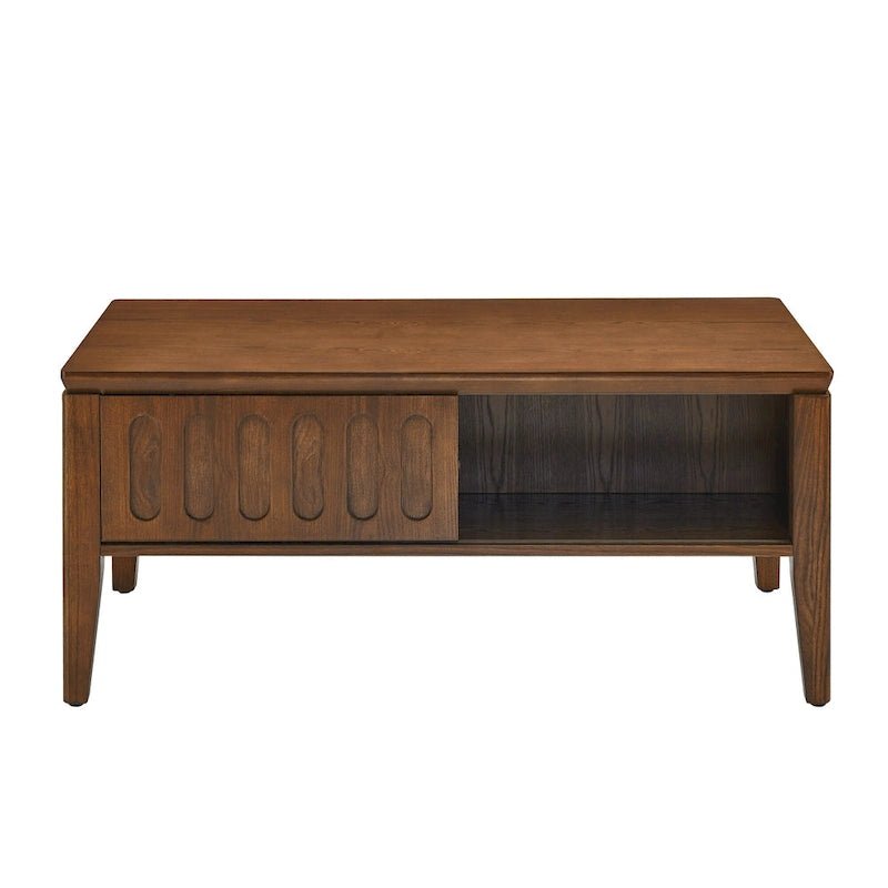 Tavolino da caffè scanalato Mid-Century Modern con anta scorrevole per riporre oggetti e gambe in legno massello, tavolino centrale in legno stile Vintage Farmhouse
