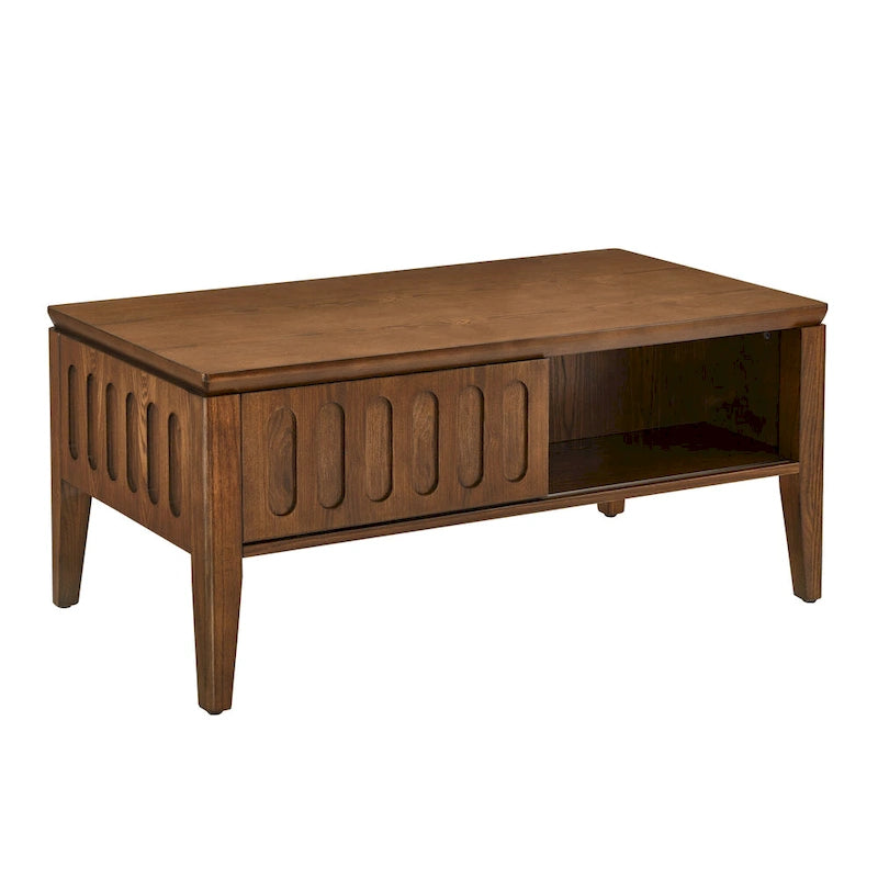 Tavolino da caffè scanalato Mid-Century Modern con anta scorrevole per riporre oggetti e gambe in legno massello, tavolino centrale in legno stile Vintage Farmhouse