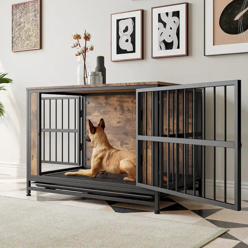 Mobili per Cani, Tavolino per Cani in Legno, Gabbia per Cani da 38,9 con 2 Ante Scorrevoli e Telaio in Ferro Spesso, Cuccia Decorativa per Animali Domestici
