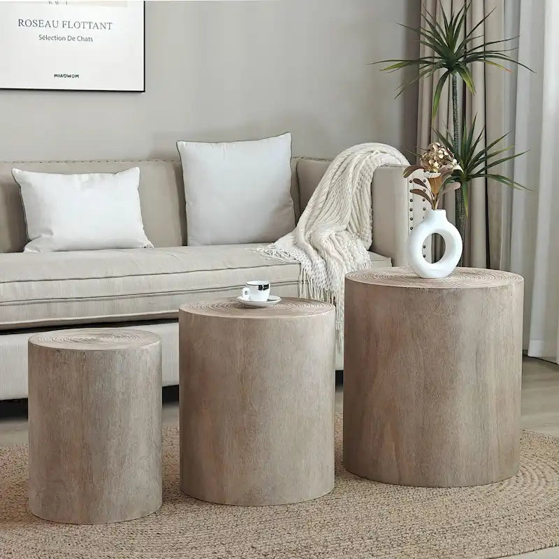 Set di 3 tavolini da caffè rustici in legno con motivi a venature distintivi - Perfetti per il soggiorno