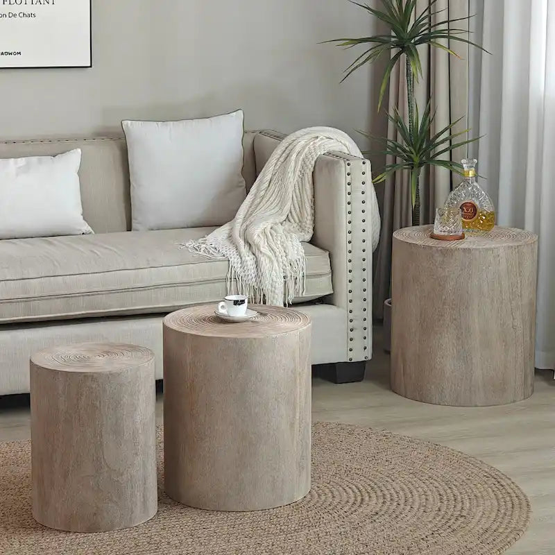 Set di 3 tavolini da caffè rustici in legno con motivi a venature distintivi - Perfetti per il soggiorno