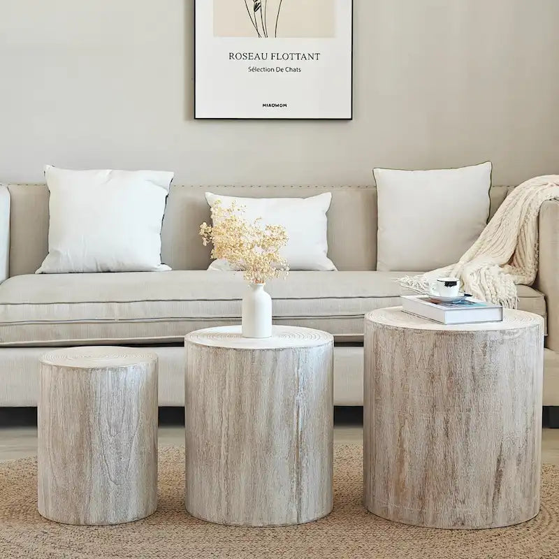 Set di 3 tavolini da caffè rustici in legno con motivi a venature distintivi - Perfetti per il soggiorno