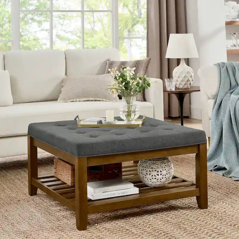 Table basse rembourrée, grand pouf carré capitonné en lin avec étagère et cadre en bois de hêtre, pouf repose-pieds surdimensionné