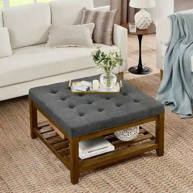 Table basse rembourrée, grand pouf carré capitonné en lin avec étagère et cadre en bois de hêtre, pouf repose-pieds surdimensionné