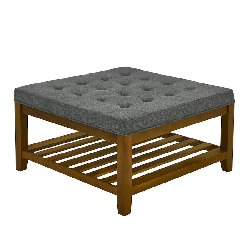 Table basse rembourrée, grand pouf carré capitonné en lin avec étagère et cadre en bois de hêtre, pouf repose-pieds surdimensionné