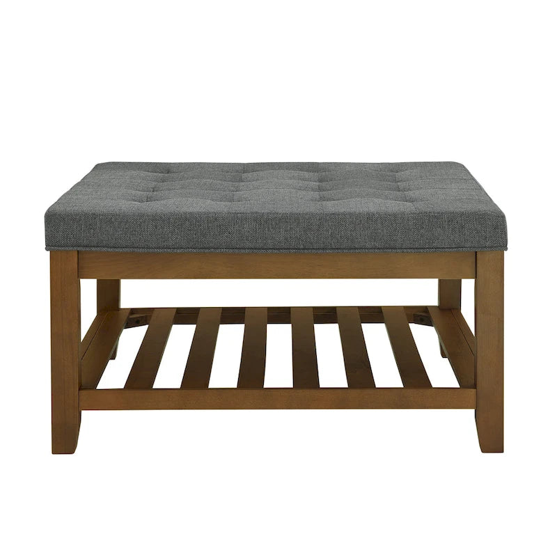 Table basse rembourrée, grand pouf carré capitonné en lin avec étagère et cadre en bois de hêtre, pouf repose-pieds surdimensionné