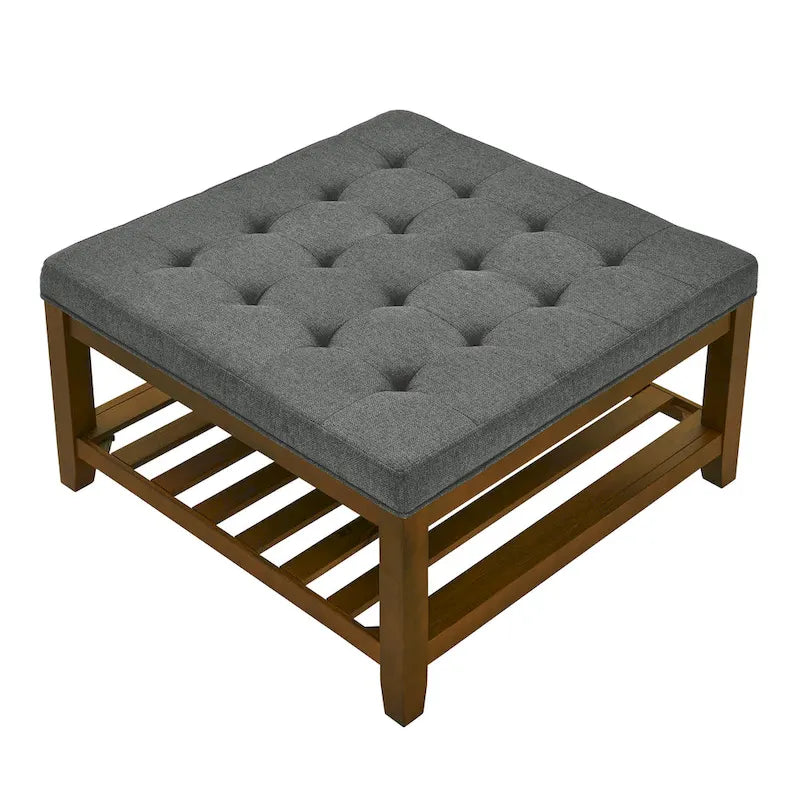 Table basse rembourrée, grand pouf carré capitonné en lin avec étagère et cadre en bois de hêtre, pouf repose-pieds surdimensionné