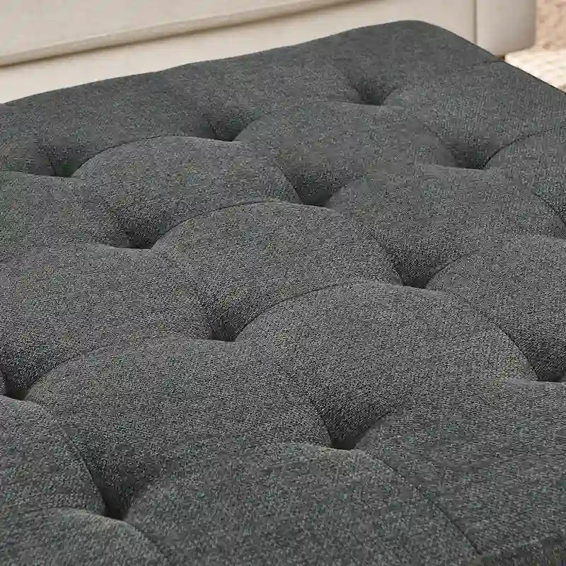 Table basse rembourrée, grand pouf carré capitonné en lin avec étagère et cadre en bois de hêtre, pouf repose-pieds surdimensionné