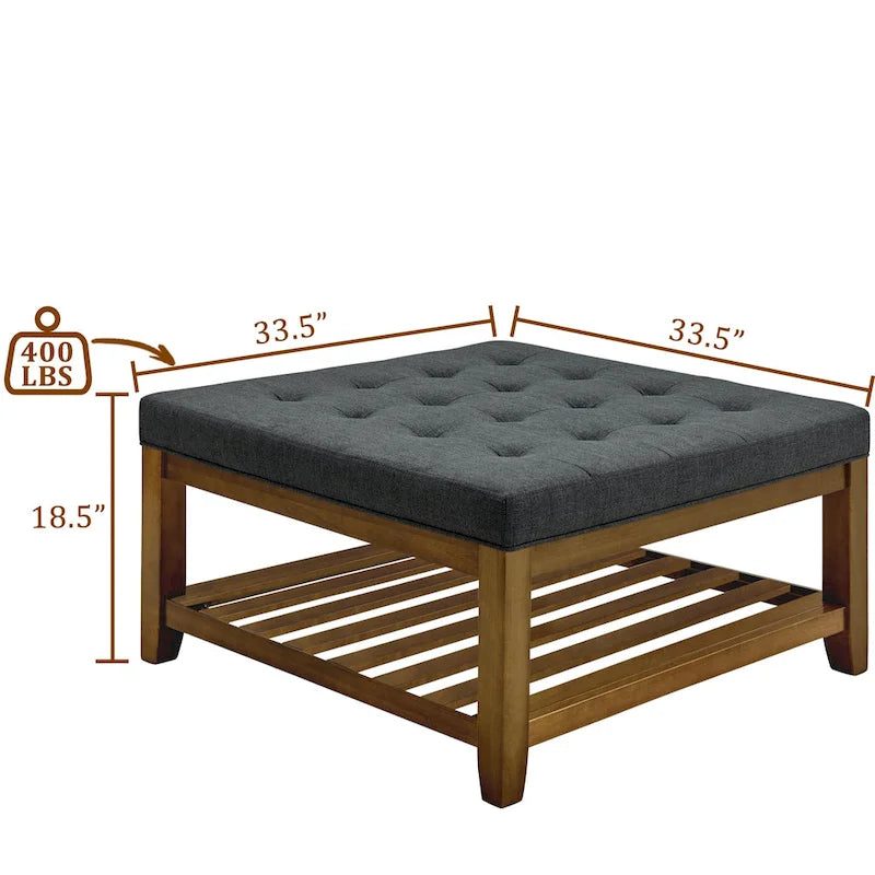Table basse rembourrée, grand pouf carré capitonné en lin avec étagère et cadre en bois de hêtre, pouf repose-pieds surdimensionné