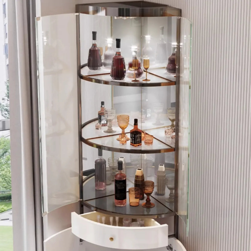 Mobile Bar Angolare con Scaffali Multipli in Vetro e Metallo per Esposizione