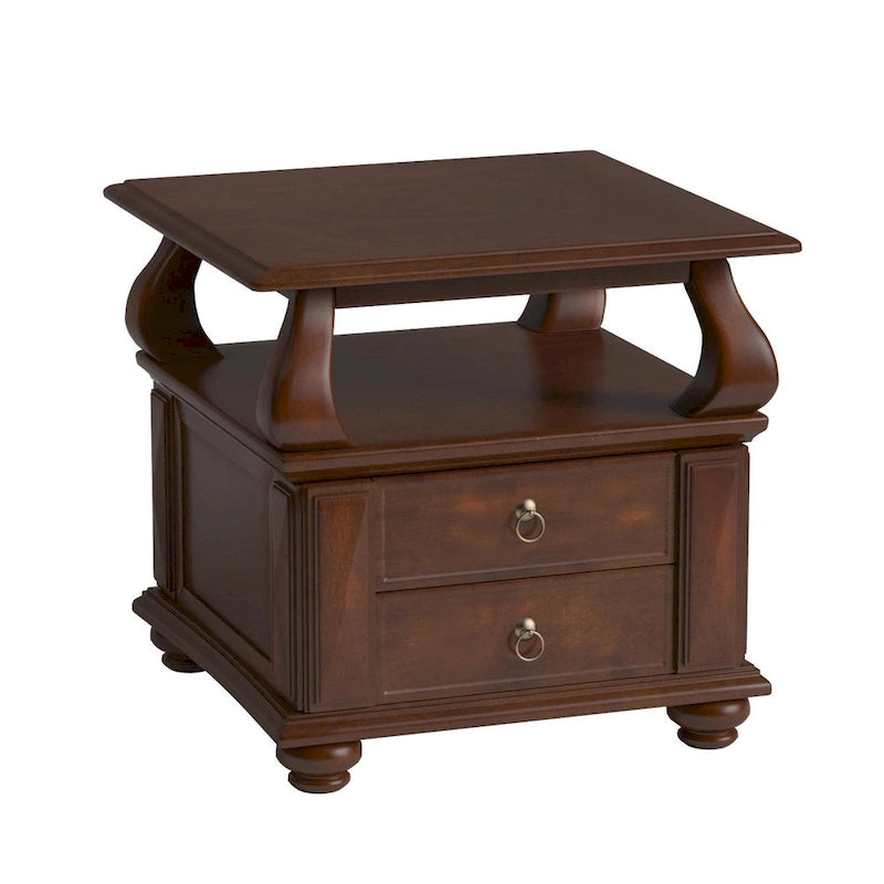 HomeRoots 26 Table d'appoint carrée en bois massif marron avec deux tiroirs et une étagère - 26' X '26' X '28